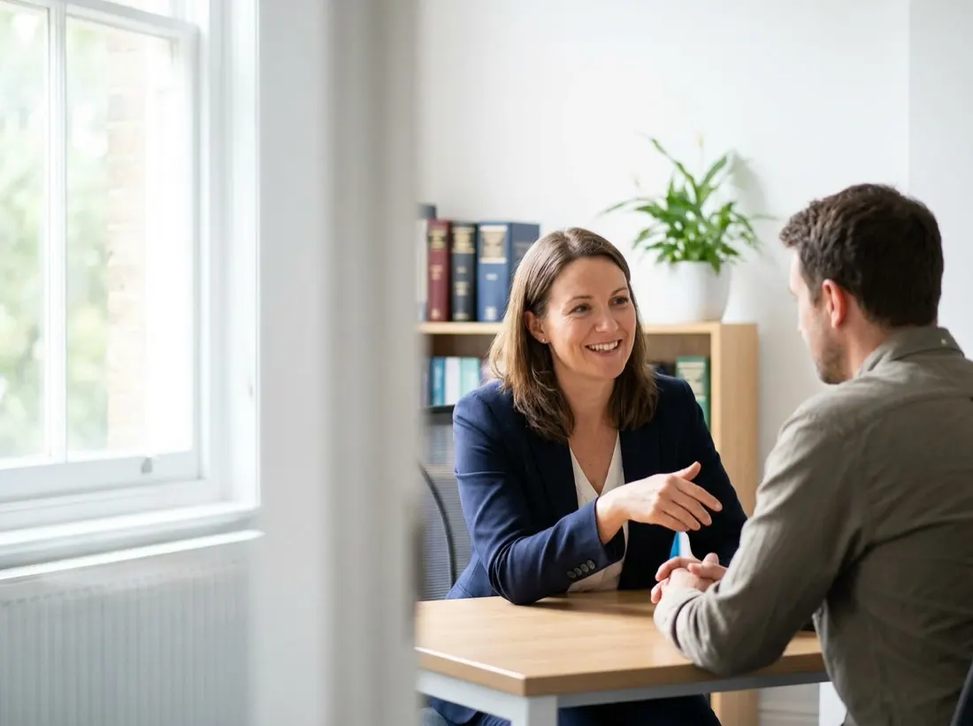 A Symes Bains Broomer solicitor talking with a client